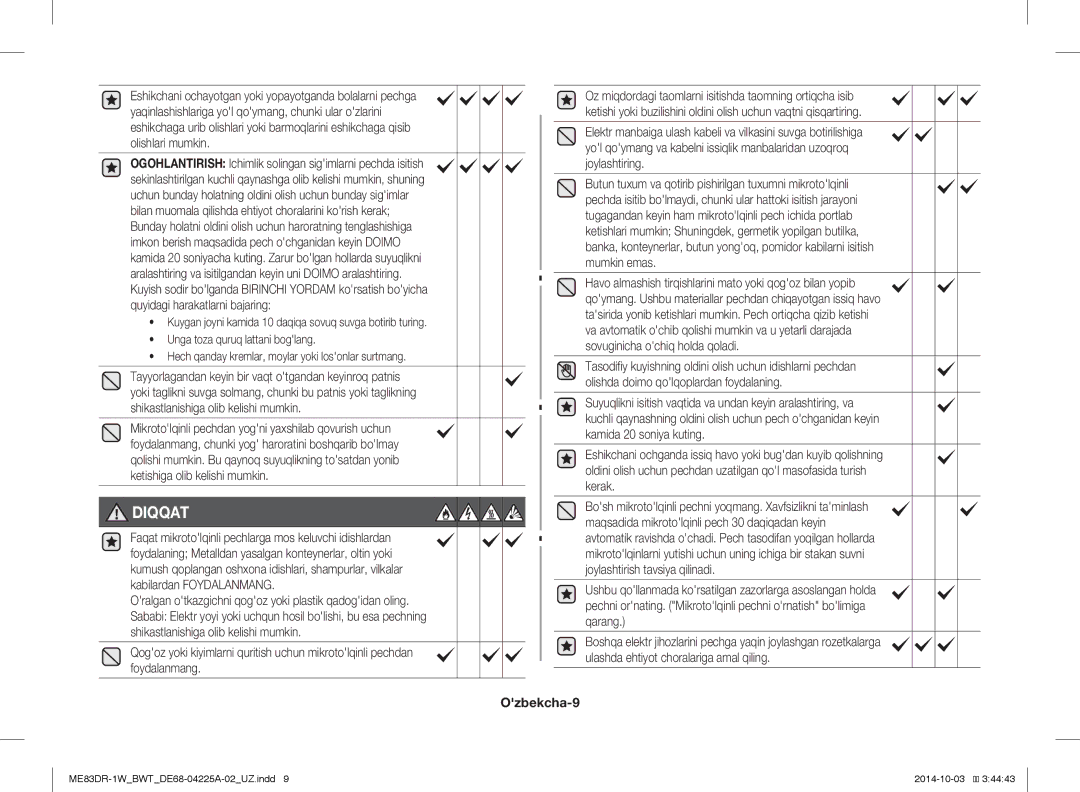 Samsung ME83DR-1/BWT, ME83DR-1WX/BWT, ME83DR-1W/BWT manual Ozbekcha-9, Unga toza quruq lattani boglang 