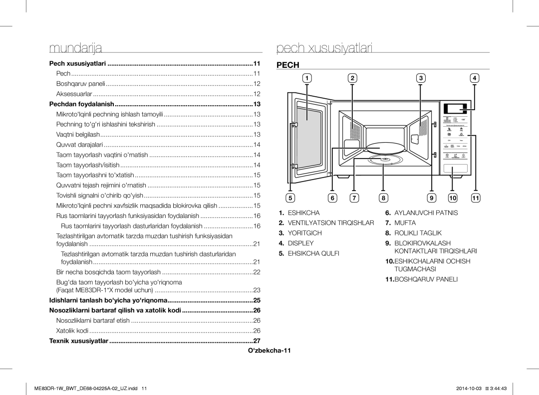Samsung ME83DR-1W/BWT, ME83DR-1/BWT, ME83DR-1WX/BWT manual Mundarija Pech xususiyatlari, Pech Boshqaruv paneli Aksessuarlar 