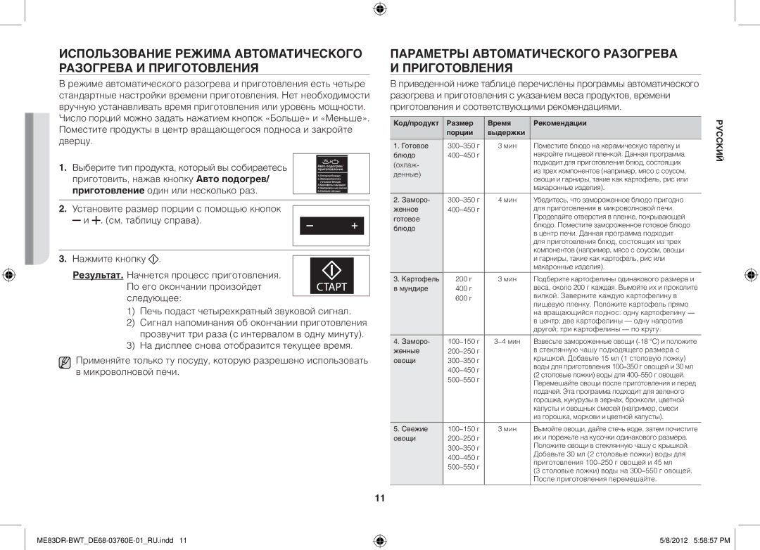 Samsung ME83DR-W/BWT, ME83DR-WX/BWT, ME83DR/BWT manual Параметры автоматического разогрева и приготовления 