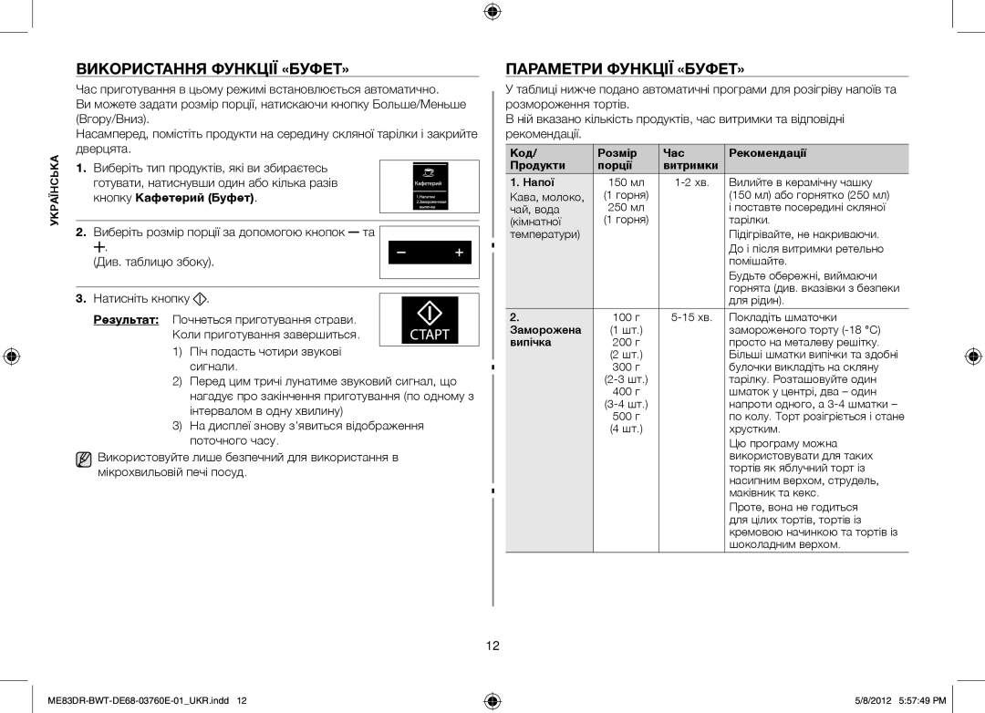 Samsung ME83DR/BWT, ME83DR-WX/BWT, ME83DR-W/BWT manual Використання функції «буфет», Параметри функції «буфет» 