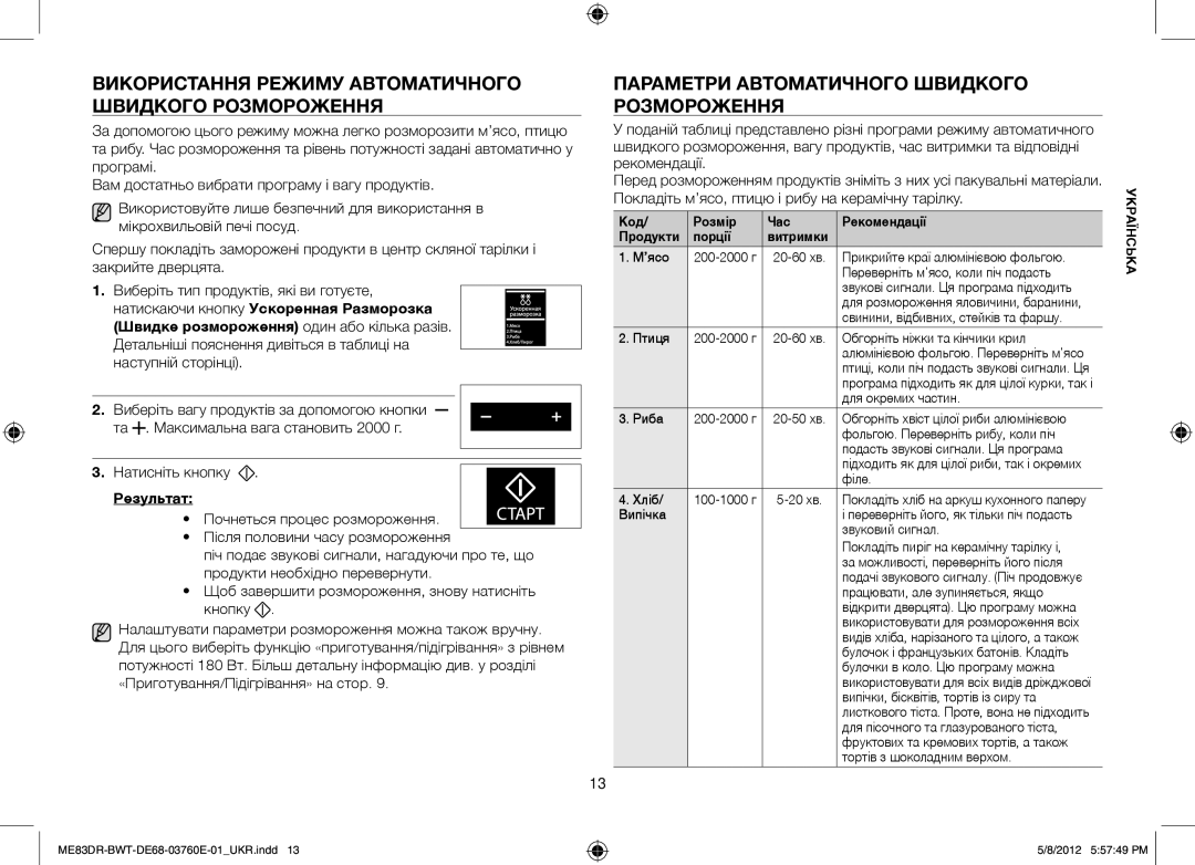 Samsung ME83DR-W/BWT, ME83DR-WX/BWT, ME83DR/BWT manual Використання режиму автоматичного швидкого розмороження 