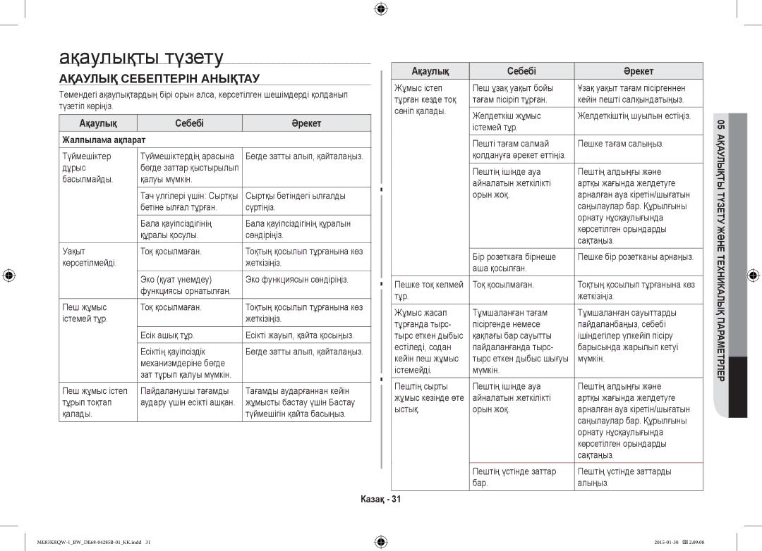 Samsung ME83DRQW-1/BW manual Ақаулықты түзету, Ақаулық Себептерін Анықтау, Ақаулық Себебі Әрекет Жалпылама ақпарат 