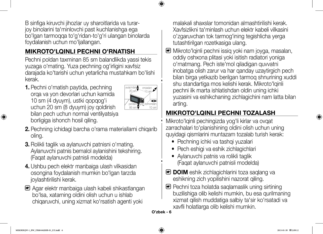 Samsung ME83DRQW-1/BW manual Mikrotolqinli Pechni Ornatish 