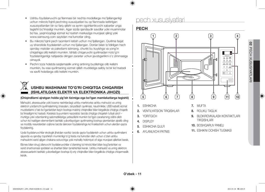 Samsung ME83DRQW-1/BW manual Pech xususiyatlari, Eshikcha Mufta, Rolikli Taglik, Yoritgich 