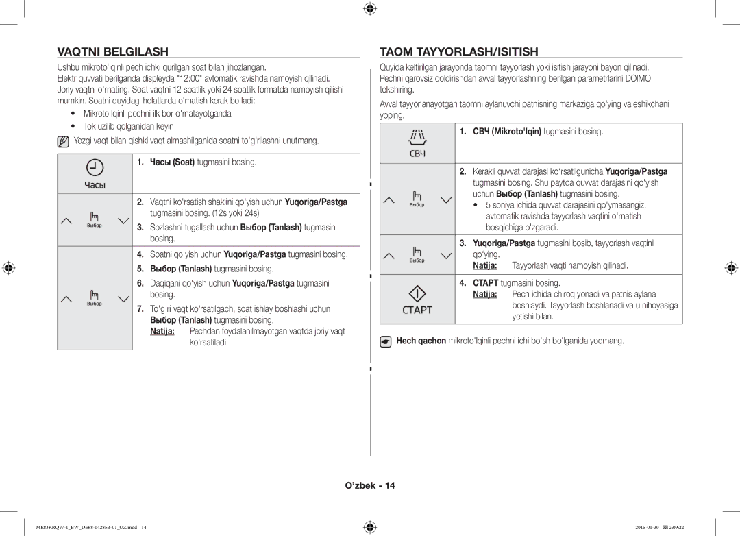 Samsung ME83DRQW-1/BW manual Vaqtni Belgilash, Taom TAYYORLASH/ISITISH, СВЧ Mikrotolqin tugmasini bosing, Natija 