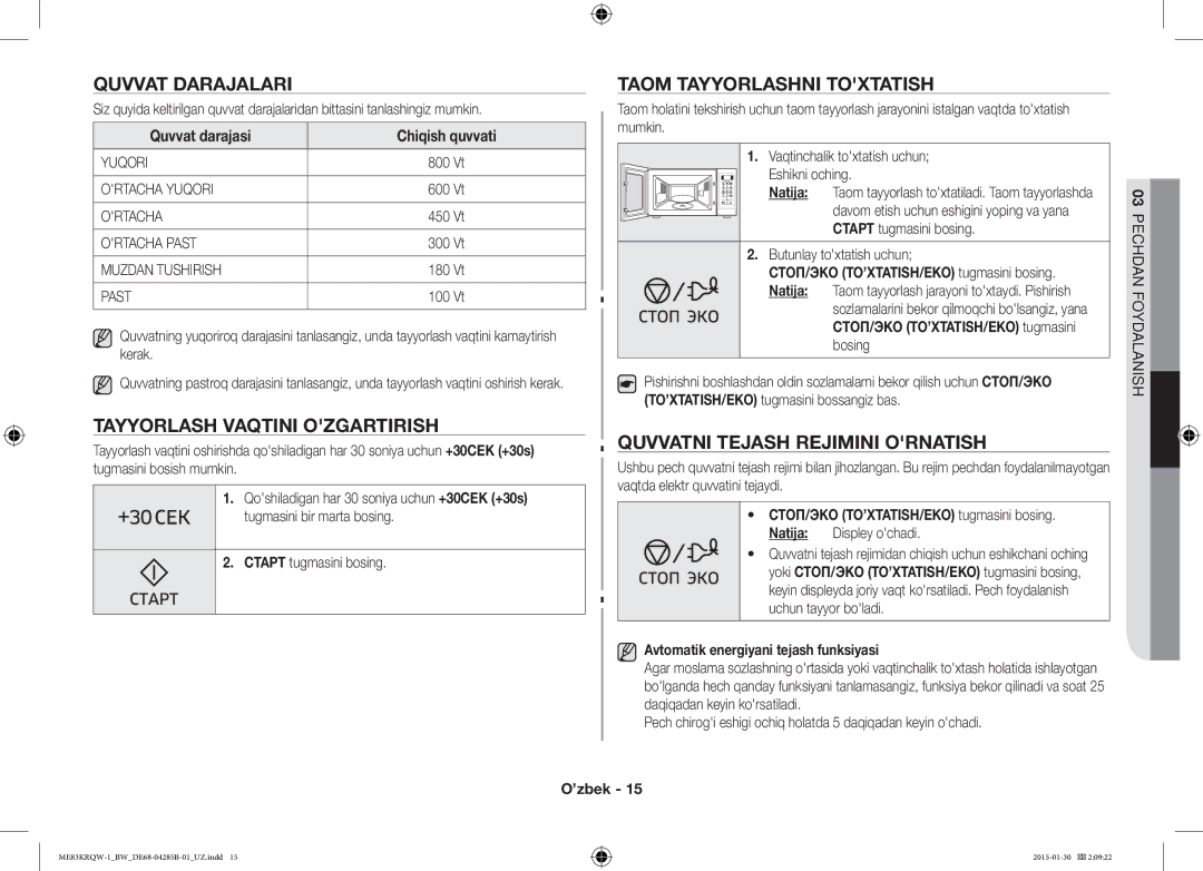 Samsung ME83DRQW-1/BW manual Quvvat Darajalari, Tayyorlash Vaqtini Ozgartirish, Taom Tayyorlashni Toxtatish 