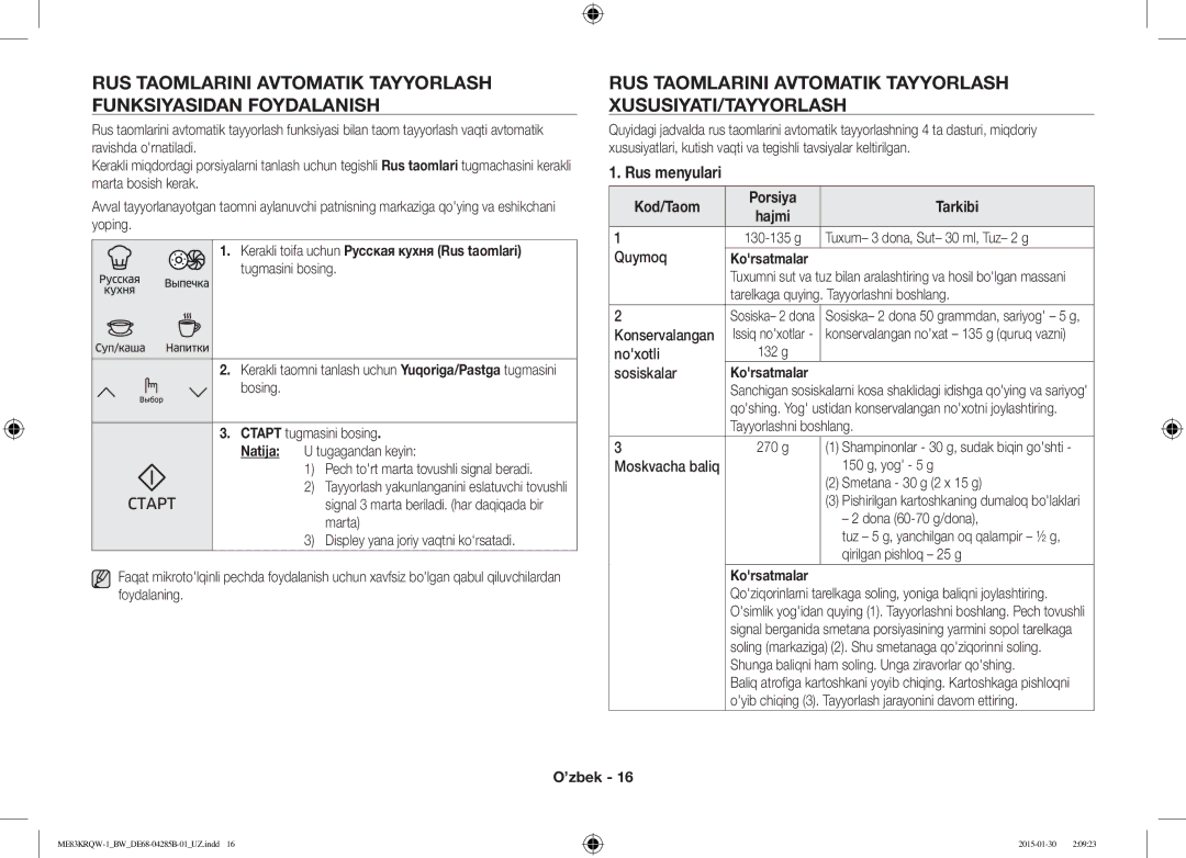 Samsung ME83DRQW-1/BW RUS Taomlarini Avtomatik Tayyorlash XUSUSIYATI/TAYYORLASH, Rus menyulari, Kod/Taom Porsiya Tarkibi 