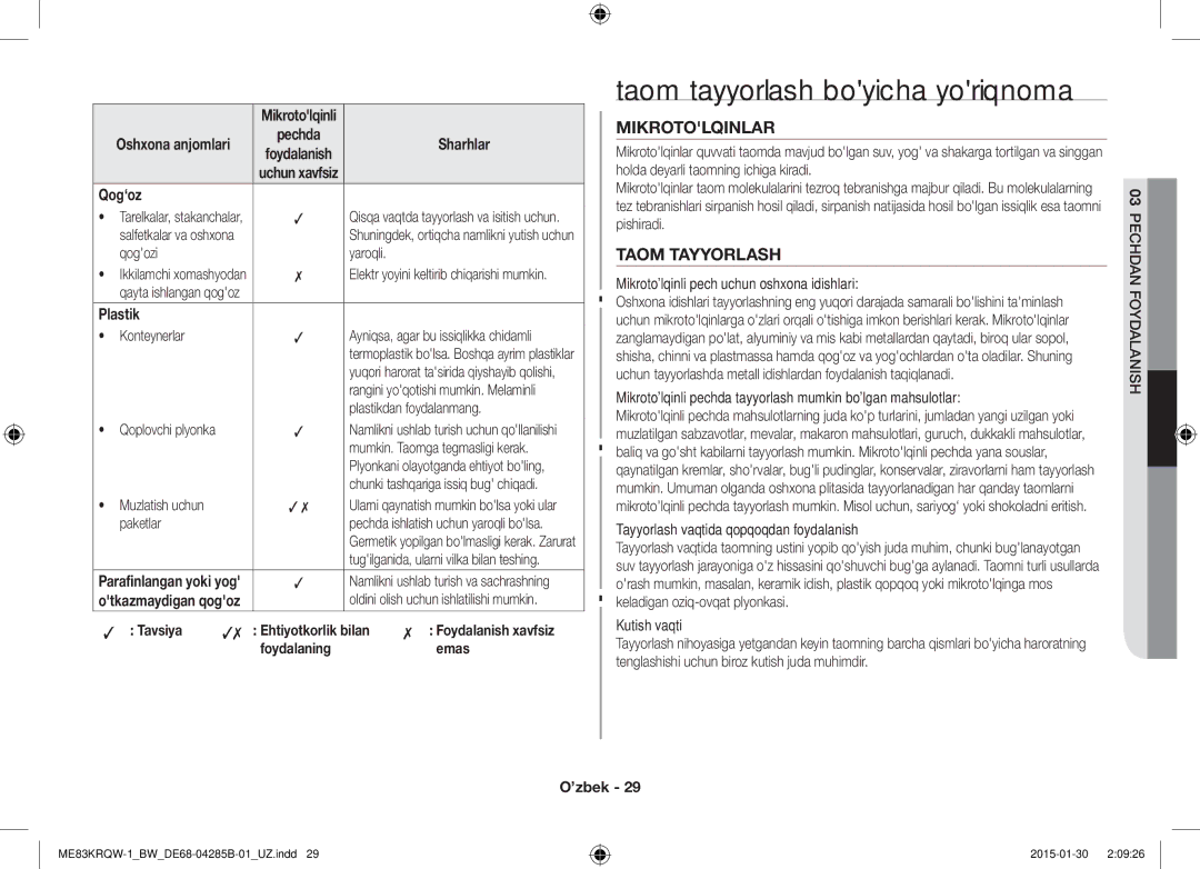 Samsung ME83DRQW-1/BW manual Taom tayyorlash boyicha yoriqnoma, Qog‘oz, Plastik, Tavsiya Ehtiyotkorlik bilan, Emas 