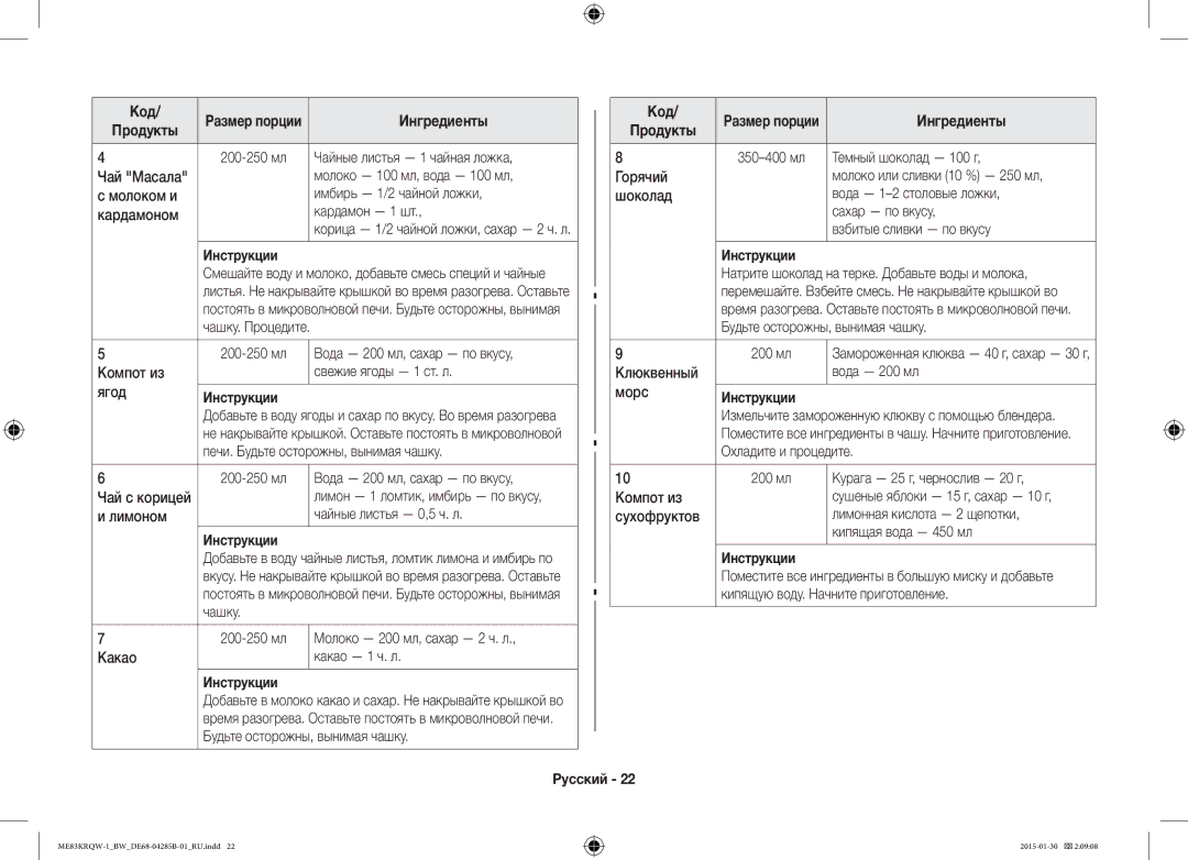 Samsung ME83DRQW-1/BW manual Ингредиенты Код 