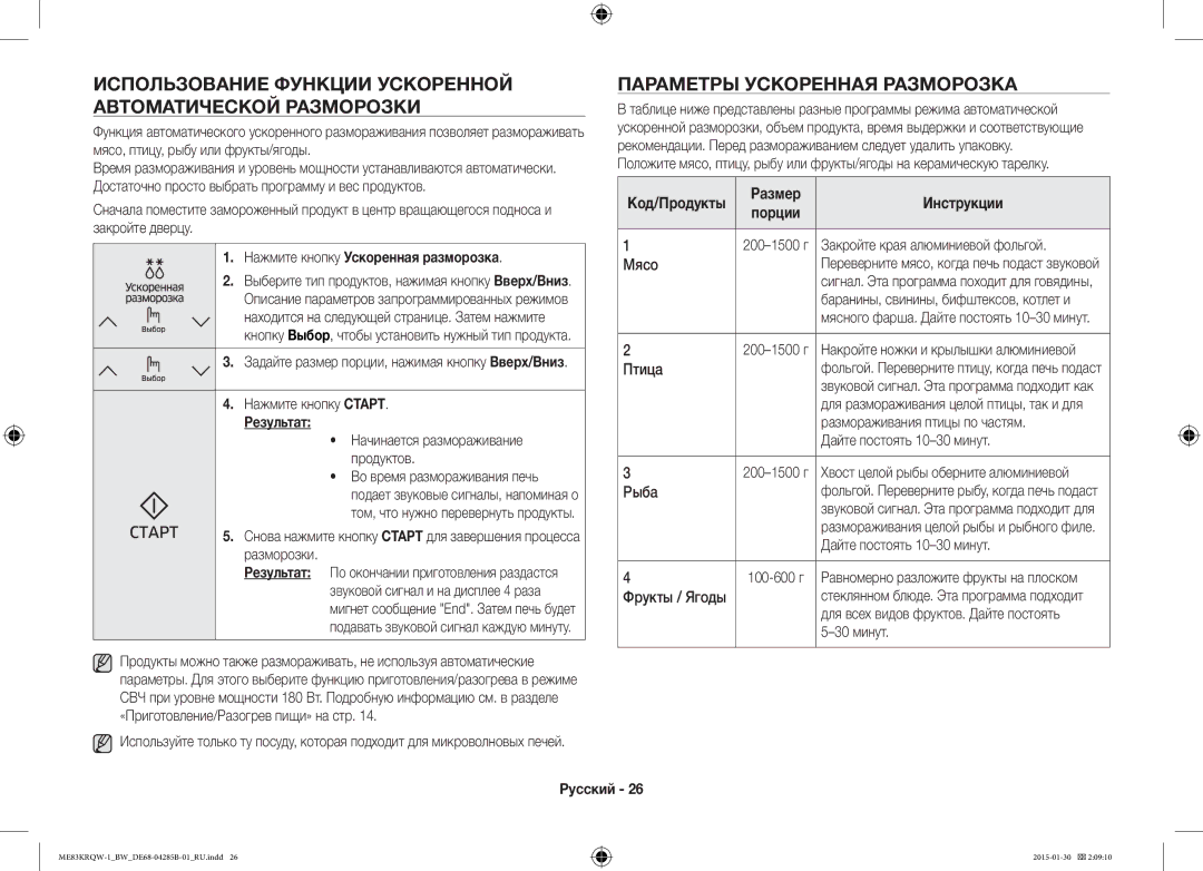 Samsung ME83DRQW-1/BW manual Использование Функции Ускоренной Автоматической Разморозки, Параметры Ускореннaя Разморозкa 