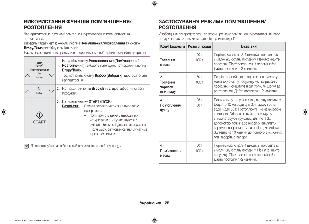 Samsung ME83DRQW-1/BW manual Використання Функцій ПОМ’ЯКШЕННЯ/ Розтоплення, Застосування Режиму ПОМ’ЯКШЕННЯ/ Розтоплення 