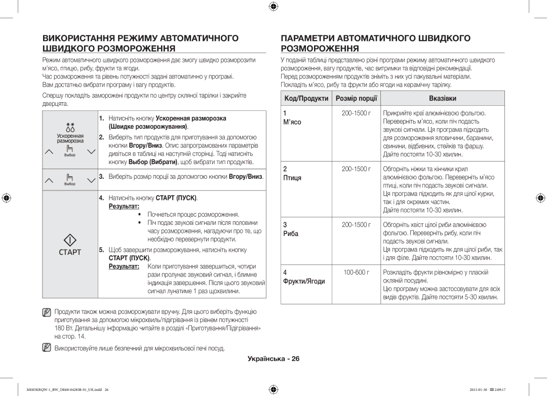 Samsung ME83DRQW-1/BW manual Використання Режиму Автоматичного Швидкого Розмороження 