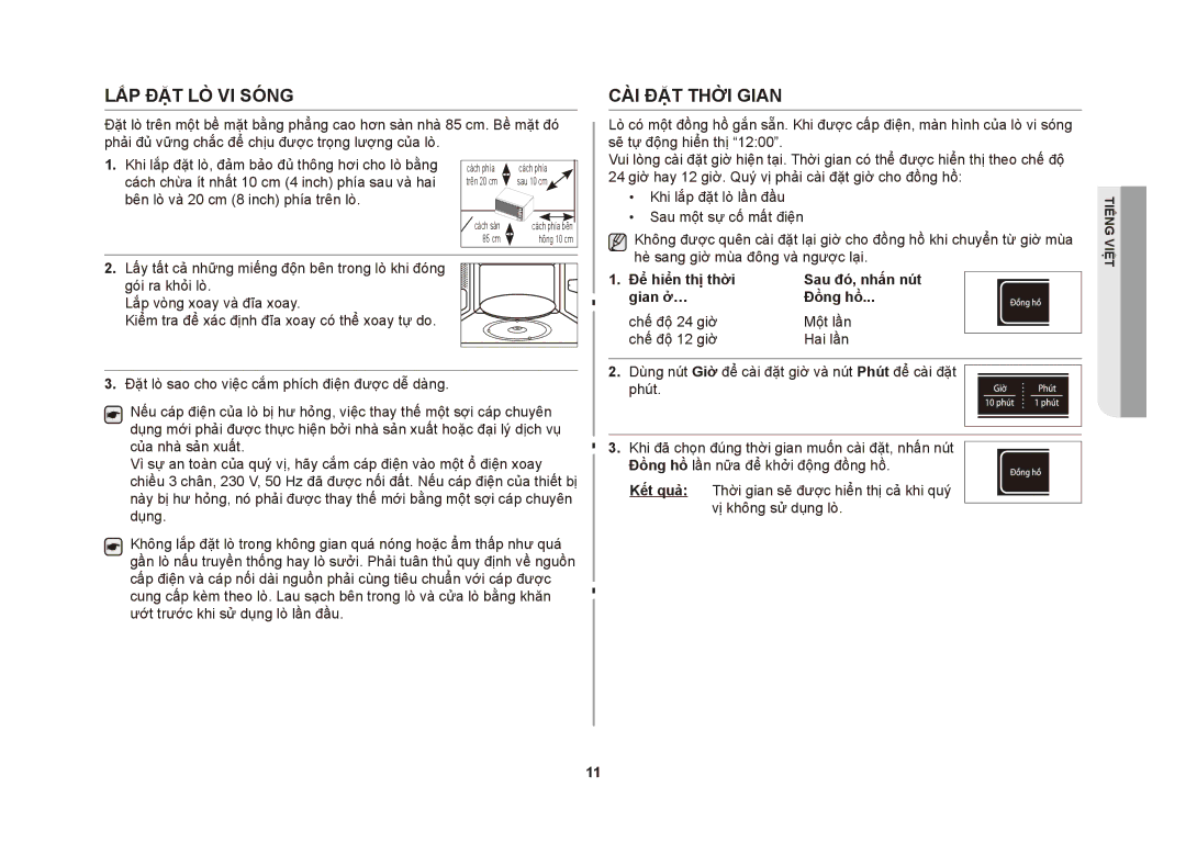 Samsung ME83DST/XSV manual Lắp đặt lò vi sóng, Cài đặt thời gian, Để hiển thị thời, Gian ở… Đồng hồ 