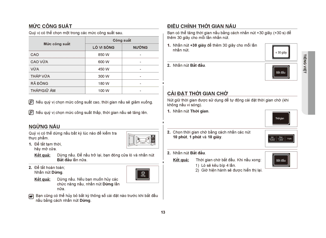 Samsung ME83DST/XSV manual Mức công suất, Ngừng nấu, Điều chỉnh thời gian nấu, Cài đặt thời gian chờ 