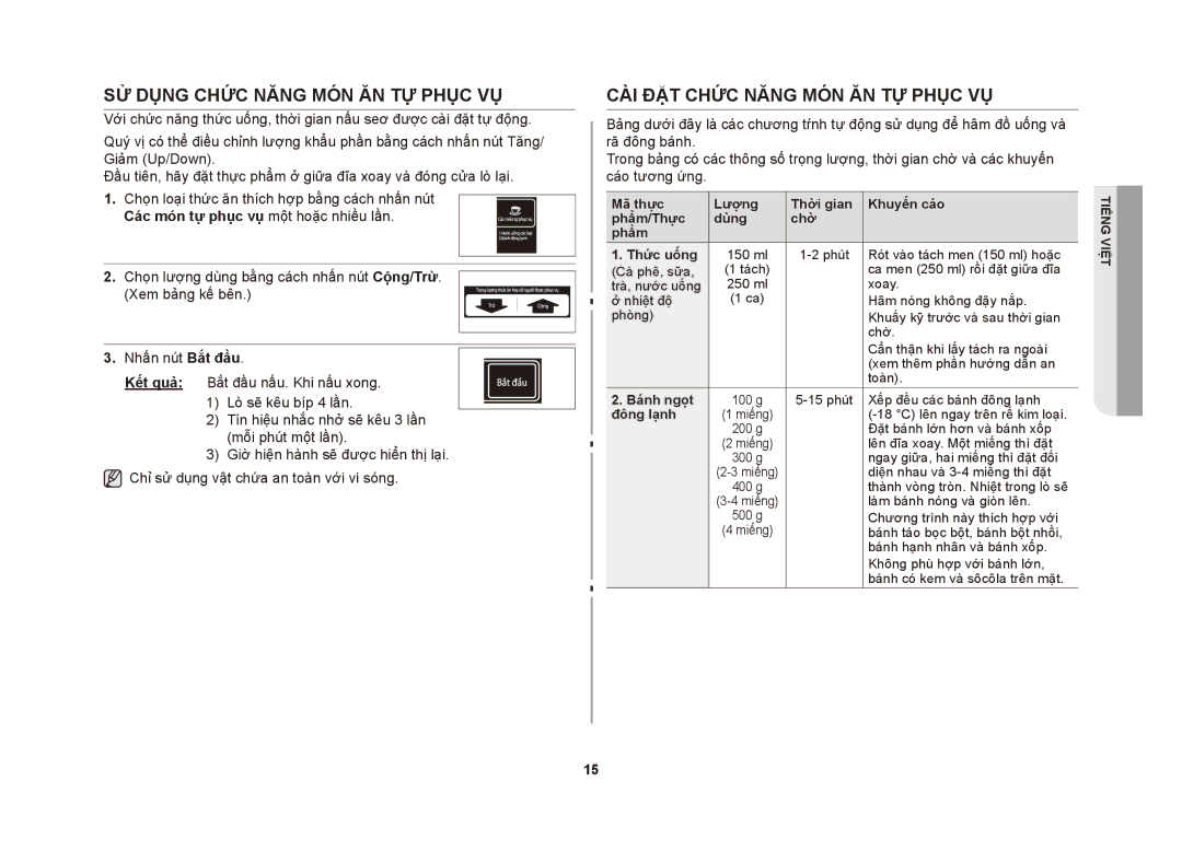 Samsung ME83DST/XSV manual Sử dụng chức năng món ăn tự phục vụ, Cài đặt chức năng món ăn tự phục vụ 