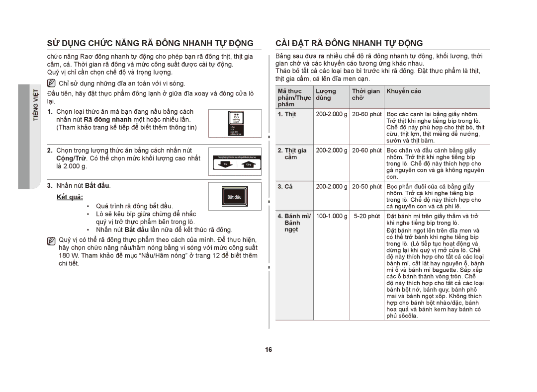 Samsung ME83DST/XSV manual Sử dụng chức năng rã đông nhanh tự động, Cài đặt rã đông nhanh tự động, Kết quả 