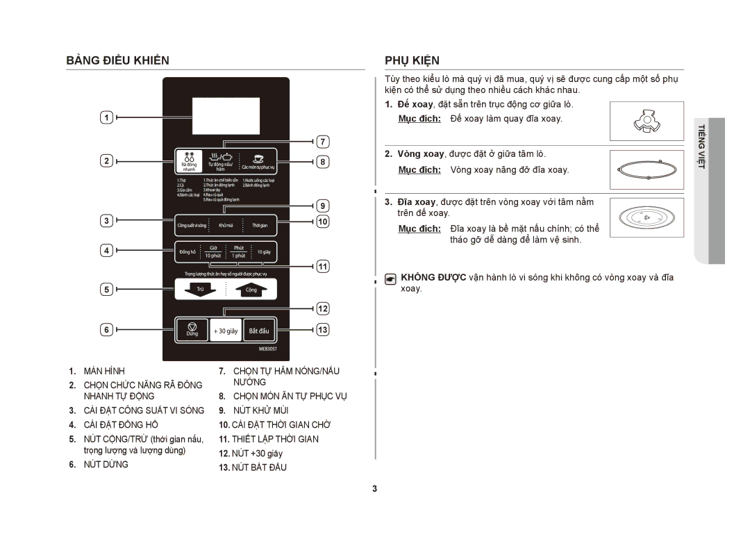 Samsung ME83DST/XSV manual Bảng điều khiển, Phụ kiện 