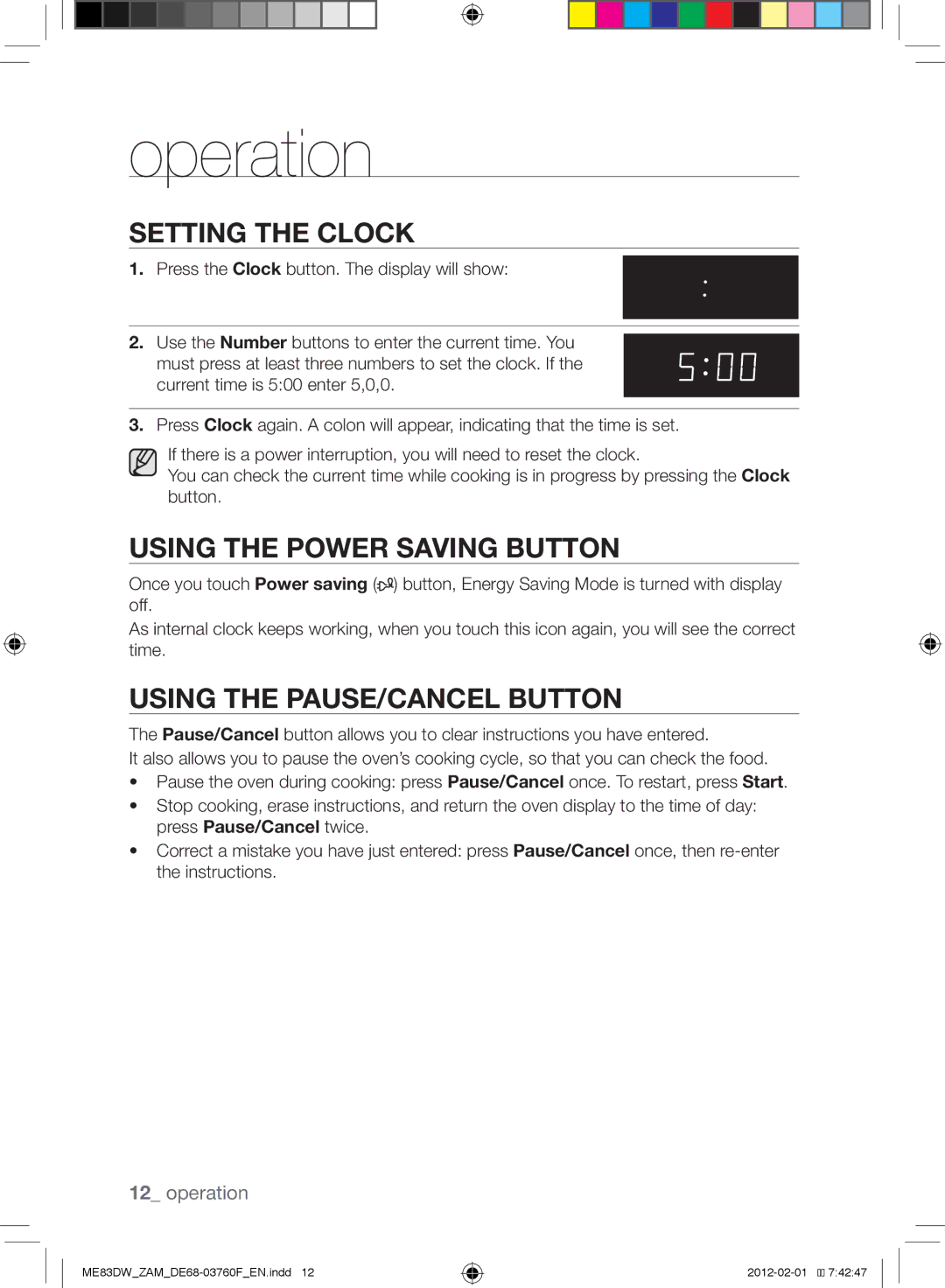 Samsung ME83DW/ZAM manual Operation, Setting the clock, Using the power saving button, Using the pause/cancel button 