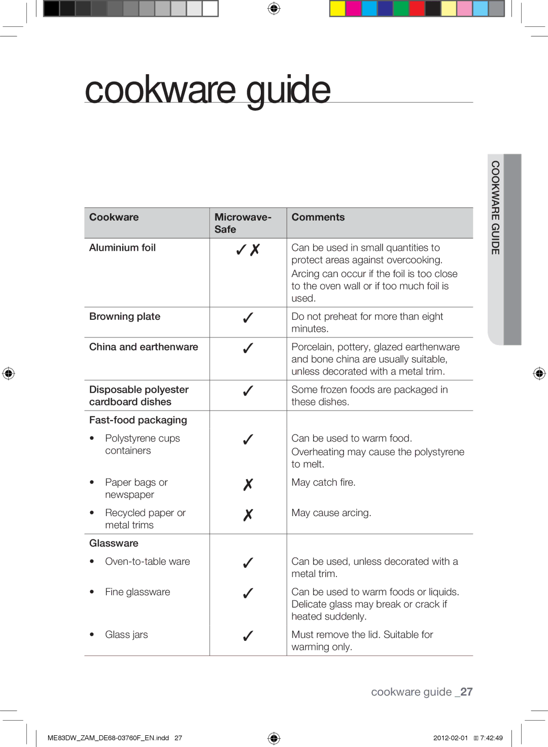 Samsung ME83DW/ZAM manual Cookware guide, Cookware Microwave Comments Safe 