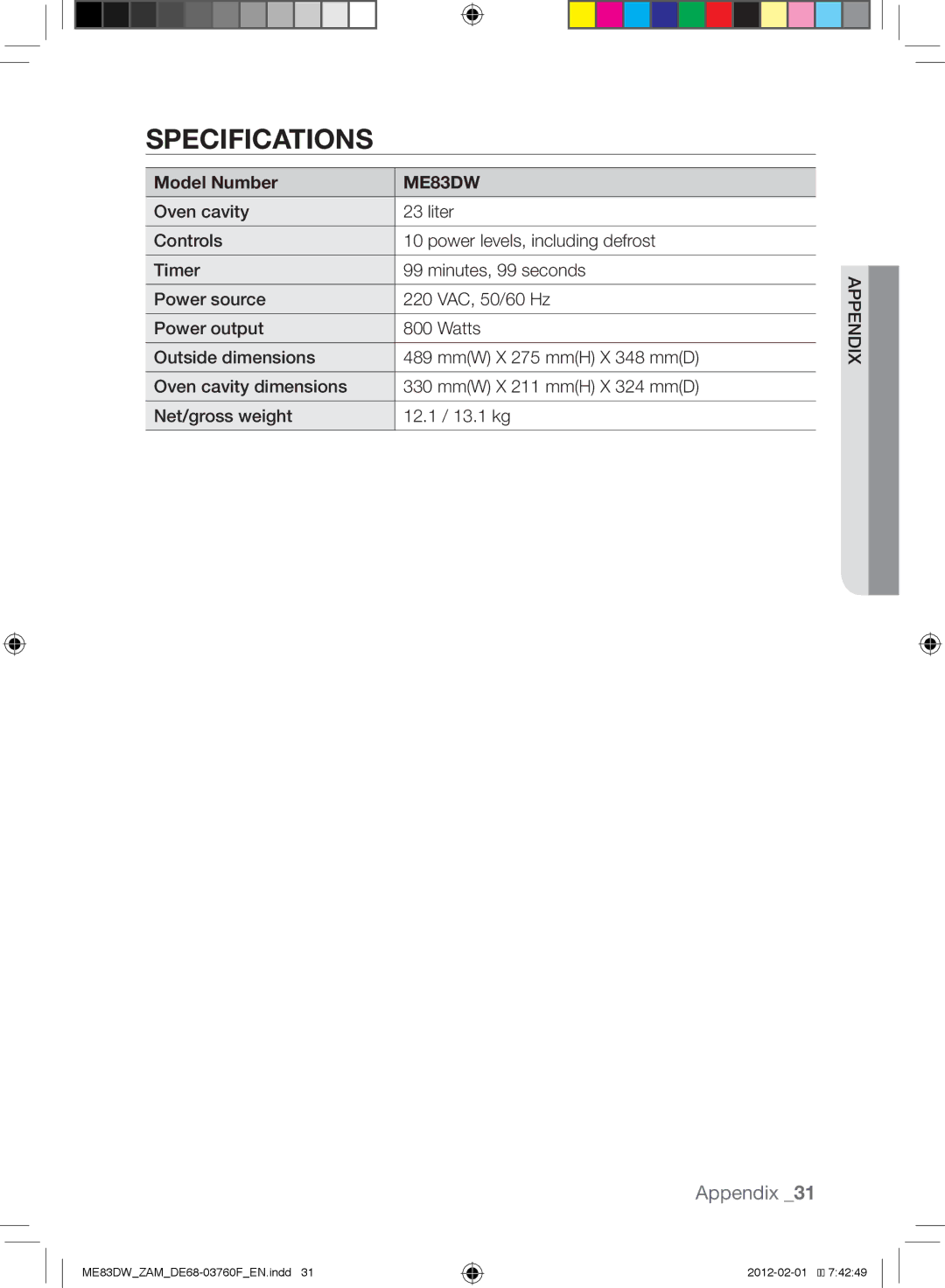 Samsung ME83DW/ZAM manual Specifications, Model Number 