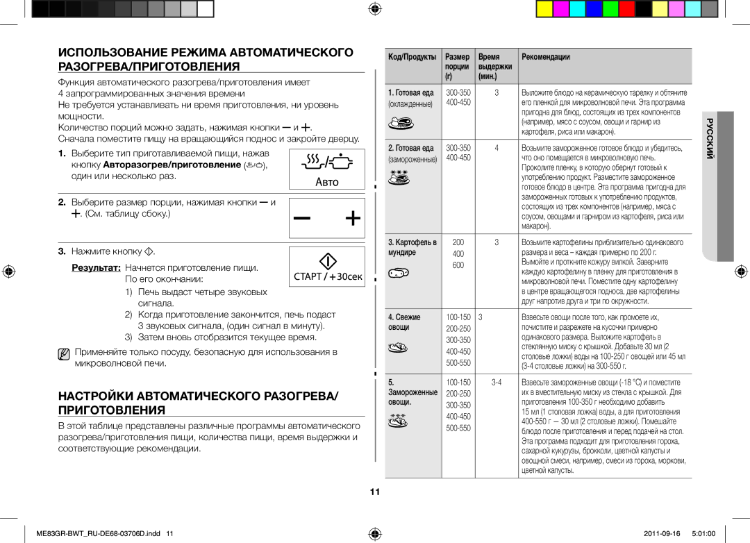 Samsung ME83GR/BWT manual Настройки Автоматического РАЗОГРЕВА/ Приготовления, Время Рекомендации Порции, Мин 