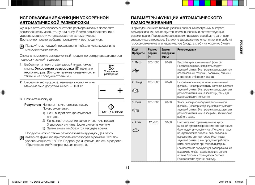 Samsung ME83GR/BWT manual Использование Функции Ускоренной Автоматической Разморозки, Код Размер Время 