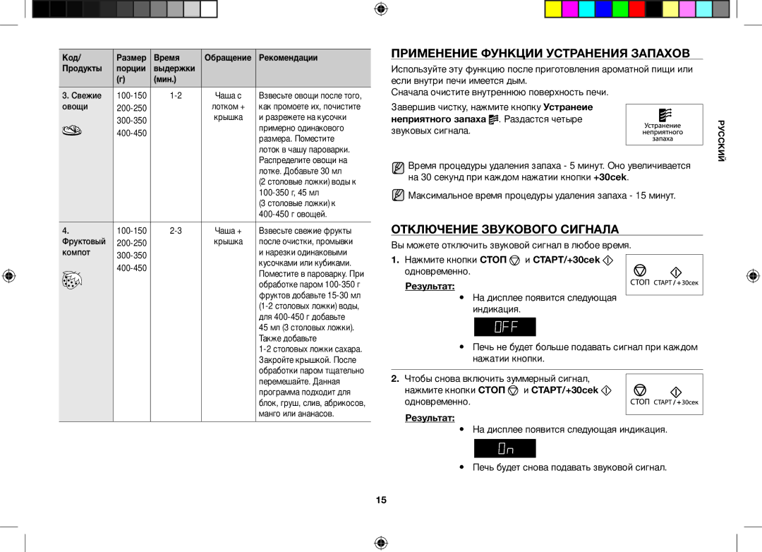 Samsung ME83GR/BWT manual Применение Функции Устранения Запахов, Отключение Звукового Сигнала 