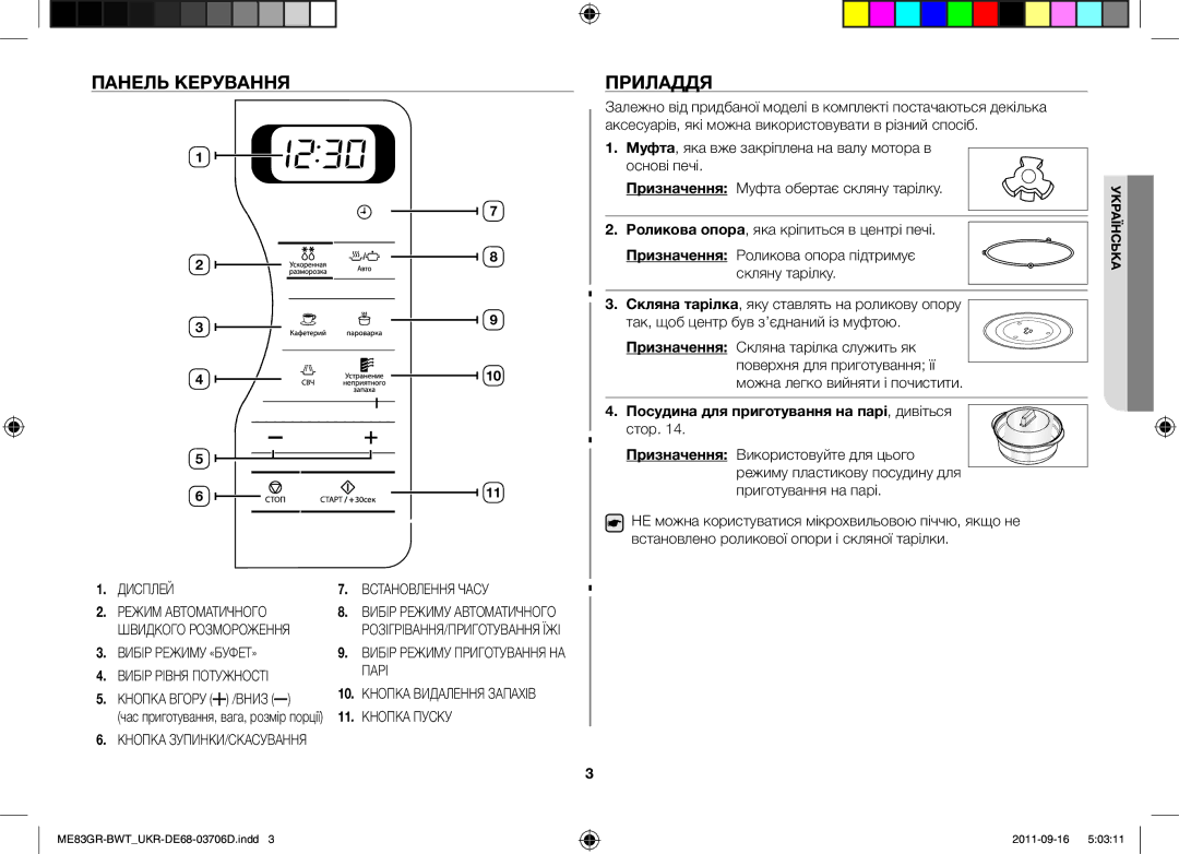 Samsung ME83GR/BWT manual Панель Керування Приладдя, Посудина для приготування на парі, дивіться 