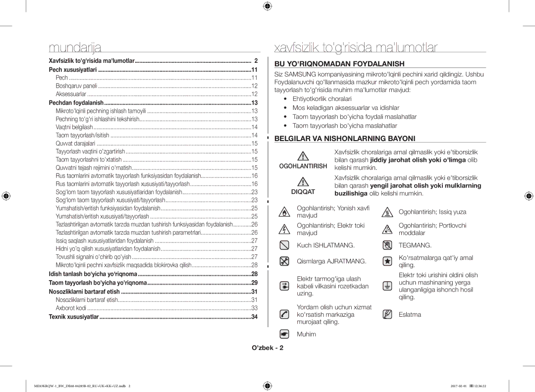 Samsung ME83KRQS-1/BW, ME83KRQS-2/BW manual Mundarija, Xavfsizlik togrisida malumotlar, Ogohlantirish Diqqat, Tegmang, ’zbek 