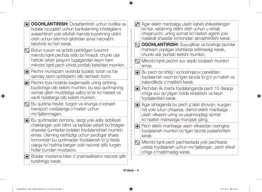 Samsung ME83KRQS-3/BW, ME83KRQS-2/BW, ME83KRQW-3/BW, ME83KRQS-1/BW, ME83KRQW-1/BW, ME83MRTQS/BW manual ’zbek 