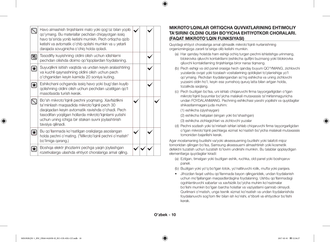 Samsung ME83KRQS-3/BW, ME83KRQS-2/BW, ME83KRQW-3/BW, ME83KRQS-1/BW, ME83KRQW-1/BW, ME83MRTQS/BW manual ’zbek 