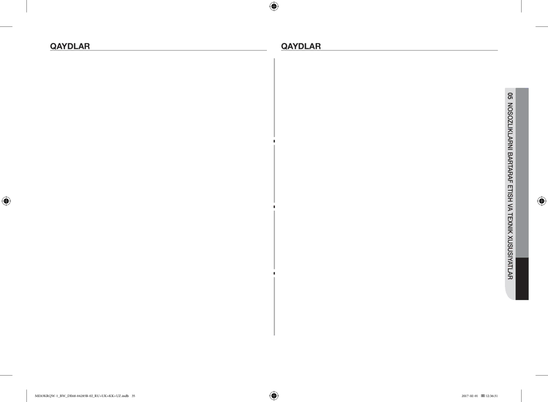 Samsung ME83MRTQS/BW, ME83KRQS-2/BW, ME83KRQW-3/BW manual Qaydlar, Nosozliklarni Bartaraf Etish VA Texnik Xususiyatlar 