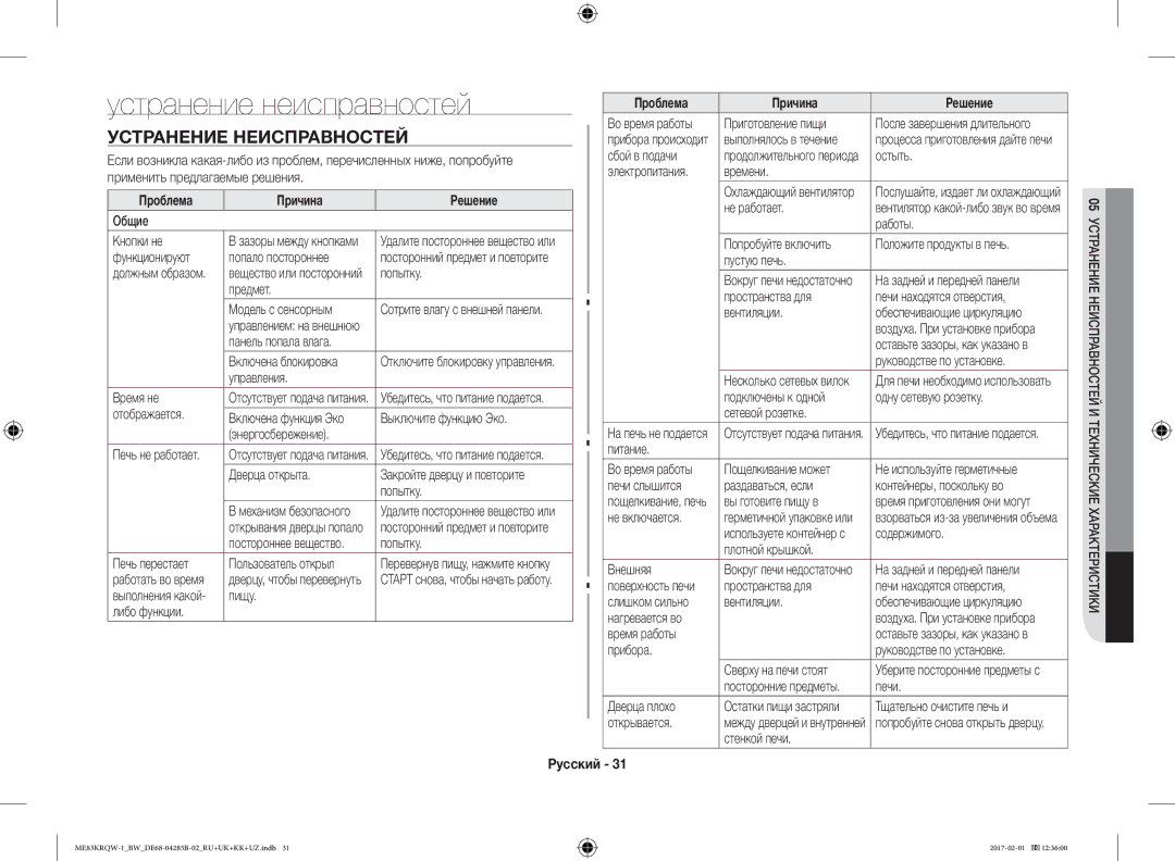 Samsung ME83KRQW-3/BW, ME83KRQS-2/BW manual Устранение неисправностей, Устранение Неисправностей, Проблема Причина Решение 