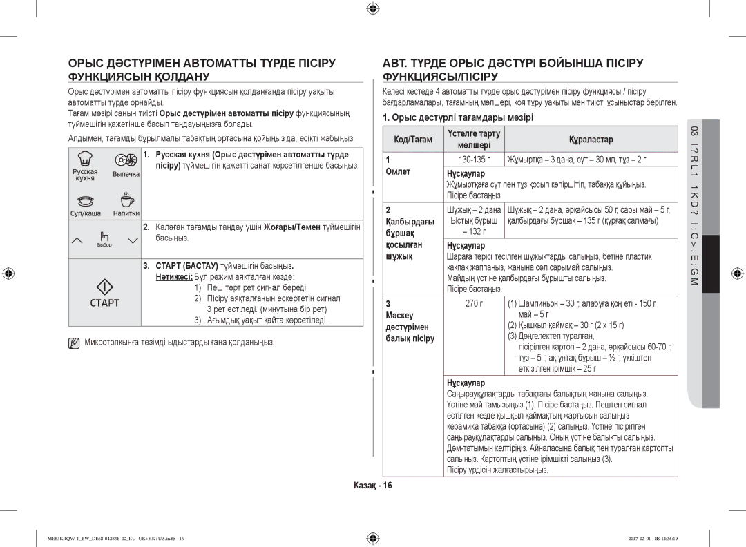 Samsung ME83KRQS-3/BW, ME83KRQS-2/BW, ME83KRQW-3/BW, ME83KRQS-1/BW, ME83KRQW-1/BW, ME83MRTQS/BW Орыс дәстүрлі тағамдары мәзірі 