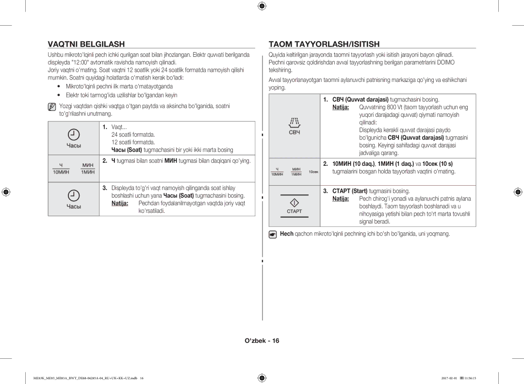 Samsung ME83ARW/BW manual Vaqtni Belgilash, Taom TAYYORLASH/ISITISH, Korsatiladi, СВЧ Quvvat darajasi tugmachasini bosing 