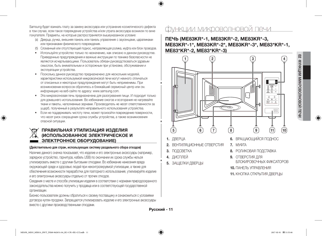 Samsung ME83KRW-1/BW, ME83KRW-2X/BW, ME83KRS-3/BW, ME83MRTS/BW manual Функции микроволновой печи, Электронное Оборудование 