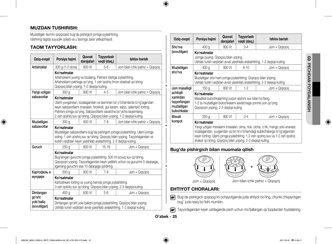 Samsung ME83KRW-2/BW manual Muzdan Tushirish, Taom Tayyorlash, Bugda pishirgich bilan muomala qilish, Ehtiyot Choralari 