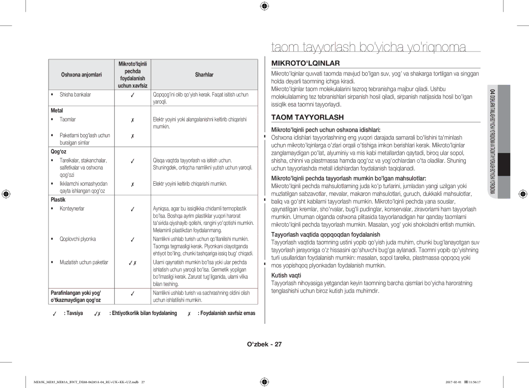 Samsung ME83ARW/BW manual Taom tayyorlash boyicha yoriqnoma, Mikrotolqinlar, Mikrotolqinli pech uchun oshxona idishlari 