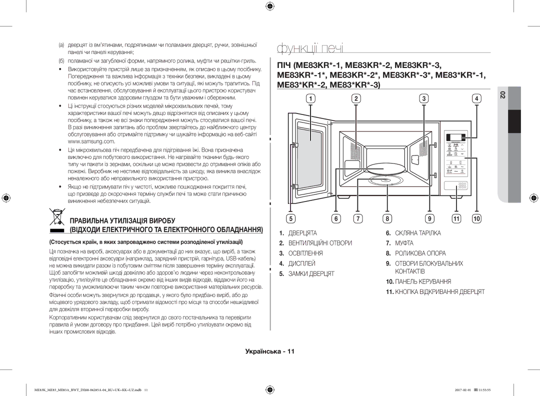 Samsung ME83MRTW/BW, ME83KRW-1/BW, ME83KRW-2X/BW, ME83KRS-3/BW, ME83MRTS/BW, ME83KRS-1/BW manual Функції печі, 02ФУНКЦІЇ Печі 