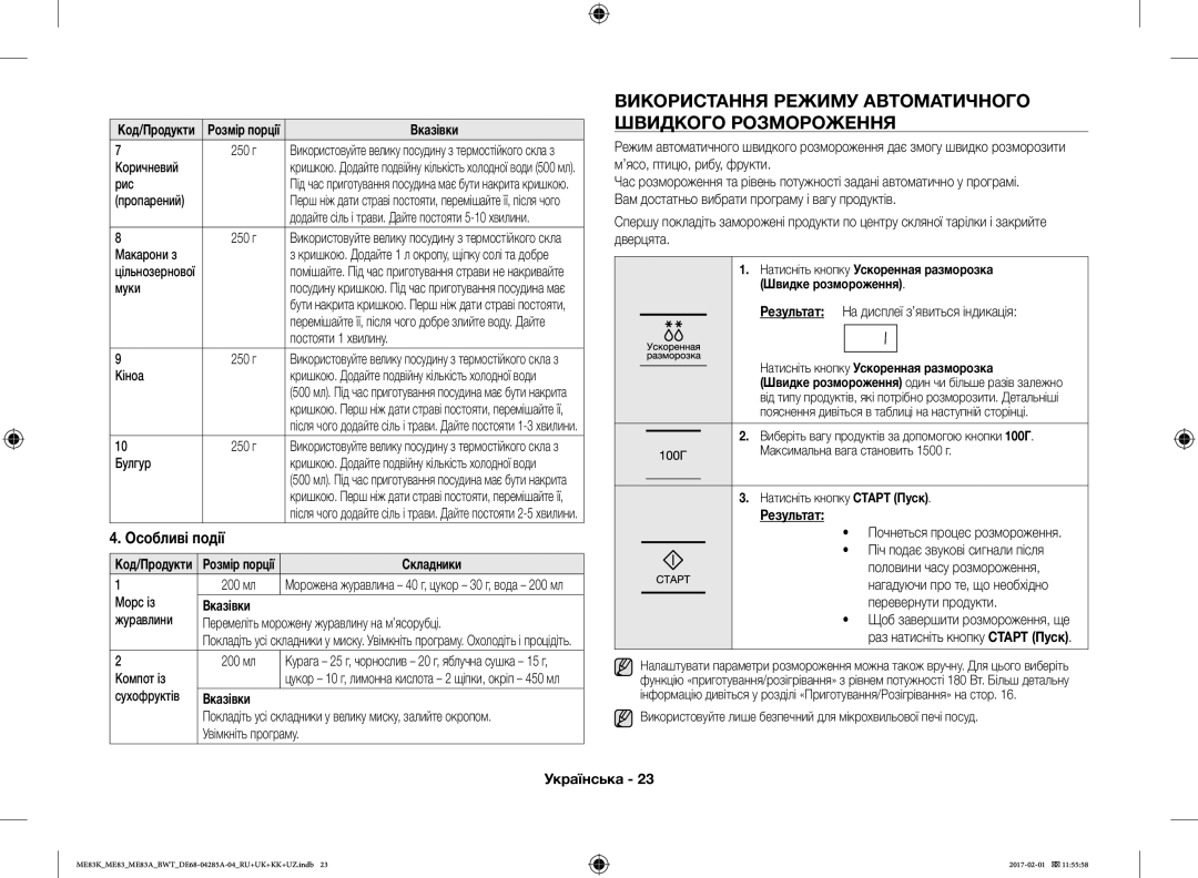 Samsung ME83KRW-3/BW, ME83KRW-1/BW, ME83KRW-2X/BW Використання Режиму Автоматичного Швидкого Розмороження, Особливі події 