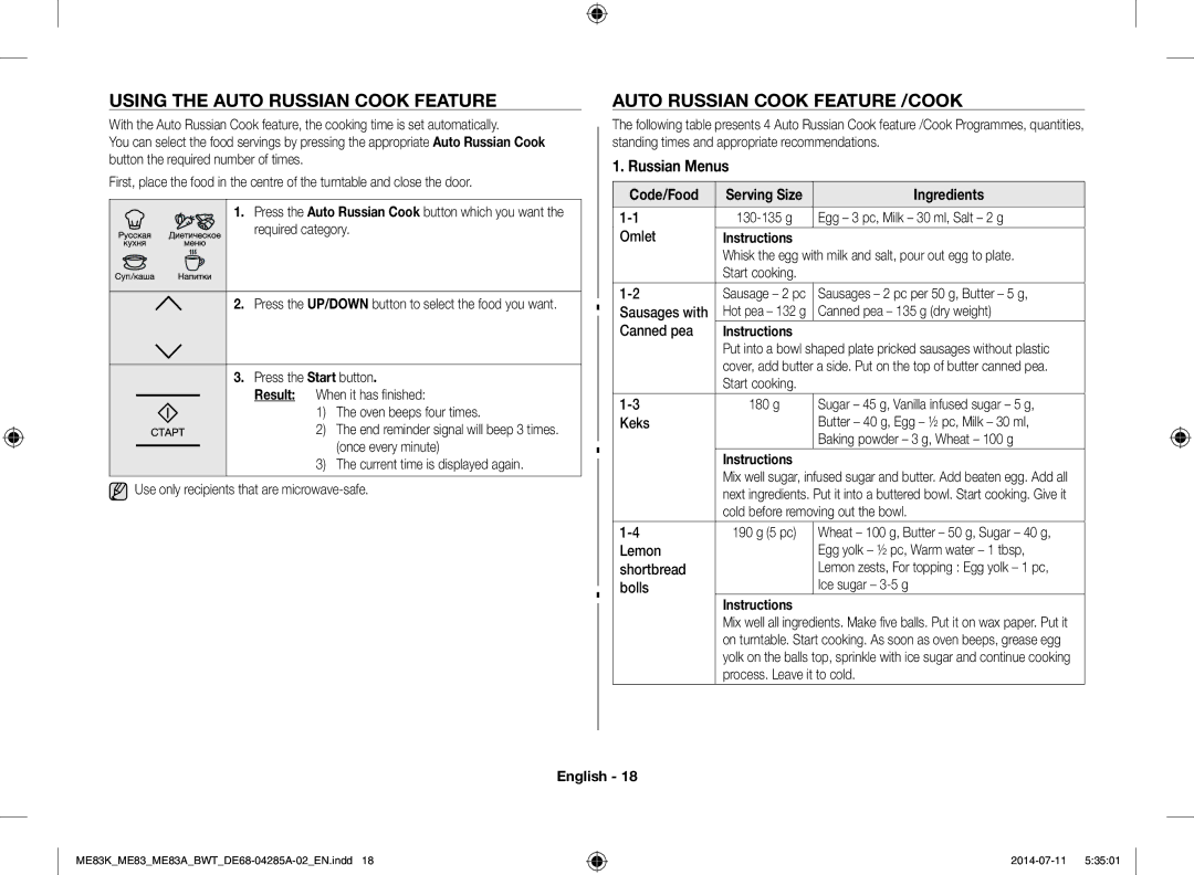 Samsung ME83ARW/BW, ME83KRW-1/BW manual Using the Auto Russian Cook Feature, Auto Russian Cook Feature /COOK, Russian Menus 