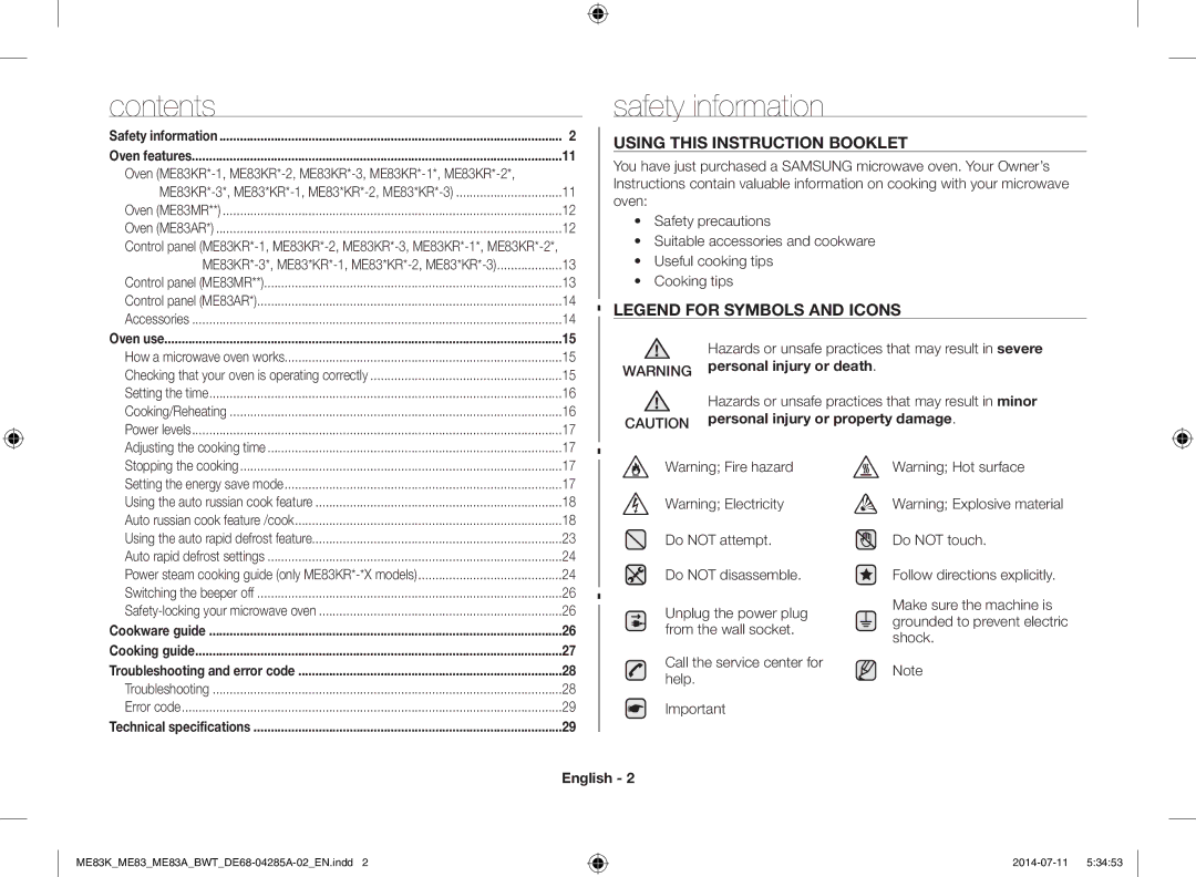 Samsung ME83KRS-3/BW, ME83KRW-1/BW, ME83KRW-2X/BW, ME83MRTS/BW, ME83KRS-1/BW, ME83KRW-2/BW manual Contents, Safety information 