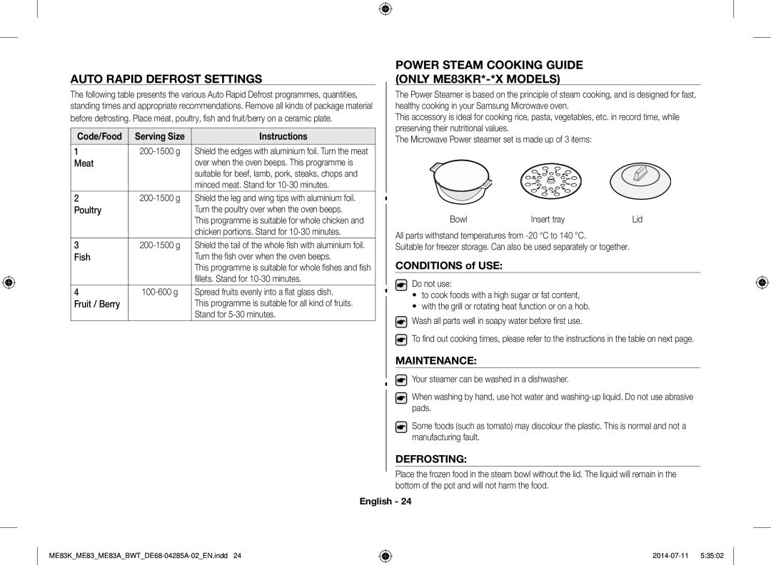 Samsung ME83KRS-3/BW Auto Rapid Defrost Settings, Power Steam Cooking Guide only ME83KR*-*X Models, Conditions of USE 