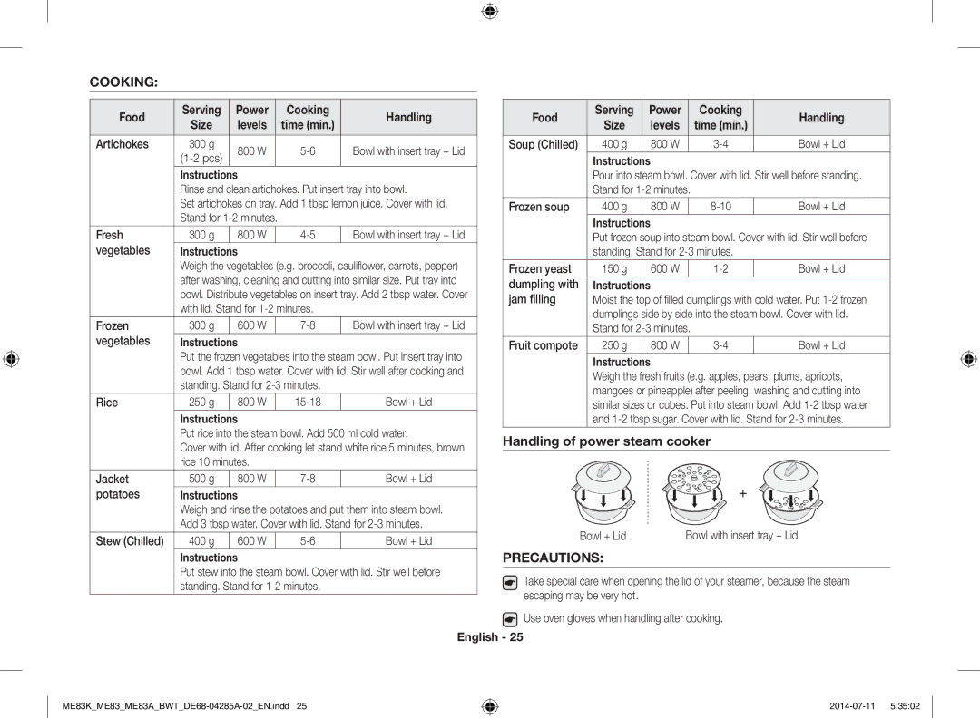 Samsung ME83MRTS/BW, ME83KRW-1/BW, ME83KRW-2X/BW, ME83KRS-3/BW, ME83KRS-1/BW, ME83ARW/BW Handling of power steam cooker, Food 