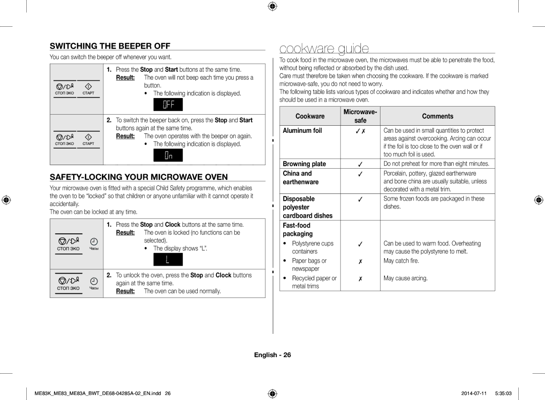 Samsung ME83KRS-1/BW, ME83KRW-1/BW, ME83ARW/BW Cookware guide, Switching the Beeper OFF, SAFETY-LOCKING Your Microwave Oven 