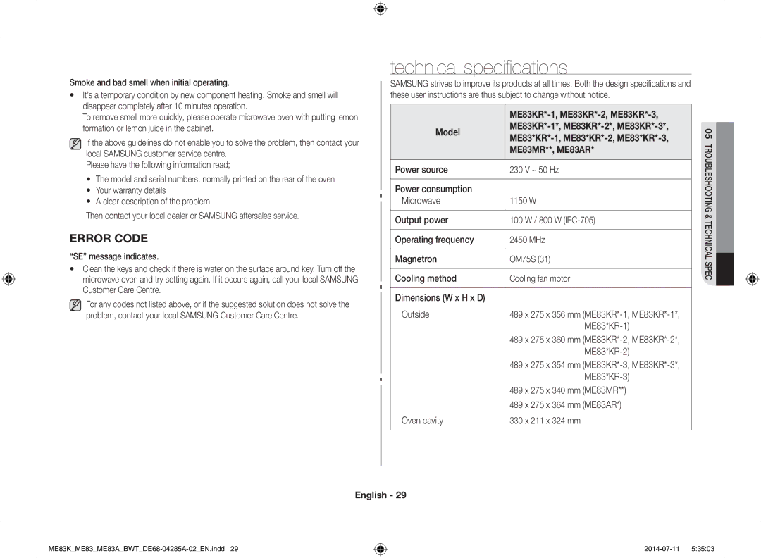 Samsung ME83ARW/BW, ME83KRW-1/BW, ME83KRW-2X/BW manual Technical specifications, Error Code, ME83KR*-1, ME83KR*-2, ME83KR*-3 