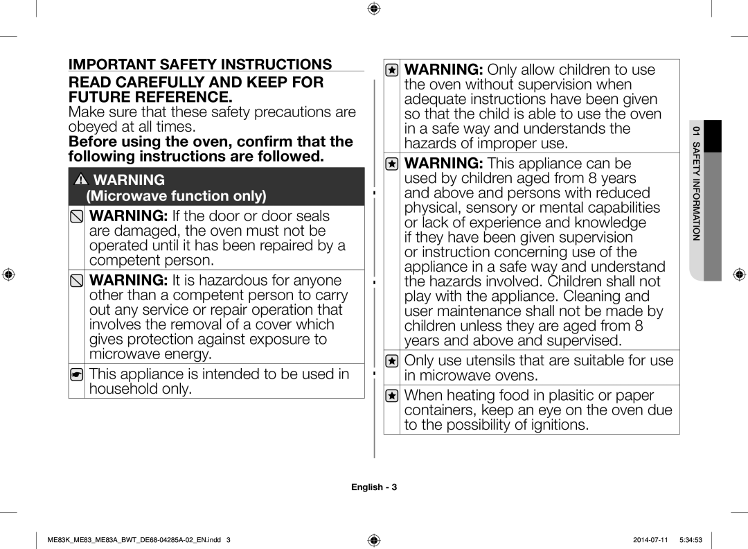 Samsung ME83MRTS/BW, ME83KRW-1/BW, ME83KRW-2X/BW, ME83KRS-3/BW, ME83KRS-1/BW Read Carefully and Keep for Future Reference 