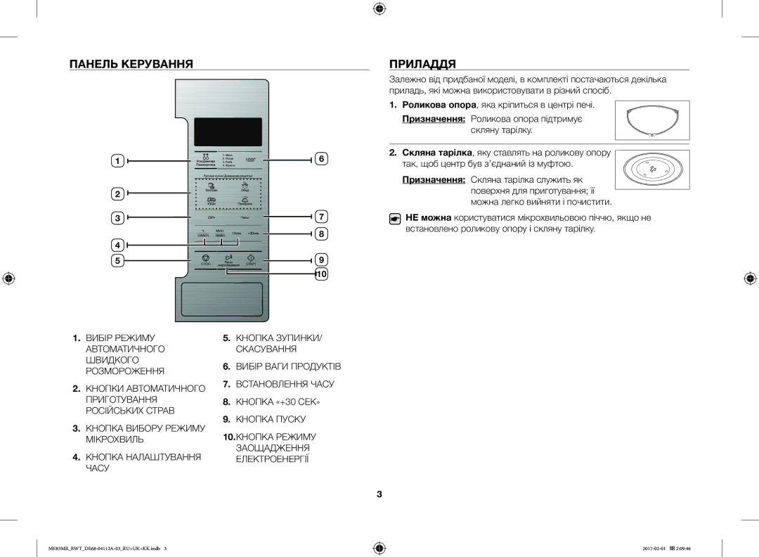 Samsung ME83MR/BWT manual Панель Керування, Приладдя, Скляна тарілка, яку ставлять на роликову опору 