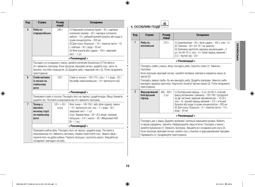 Samsung ME83MR/BWT manual Риба по, Сухим концентратом 200 мл, Лист 1 шт, Із лосося на, Повільному Вогні, Тунець у, Масляно 