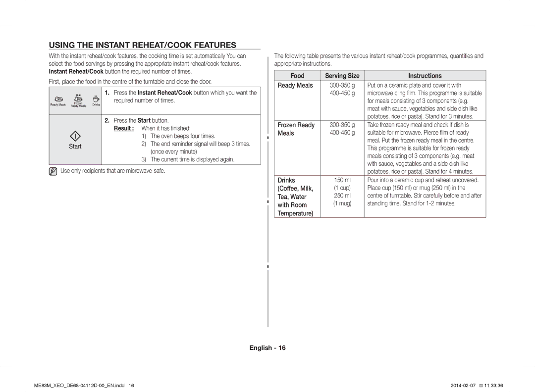 Samsung ME83M/XEO manual Using the Instant REHEAT/COOK Features, Food, Instructions 